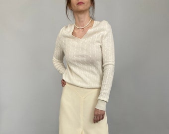 Vintage White Cashmere Cable Knit V-Neck Sweater - Size S