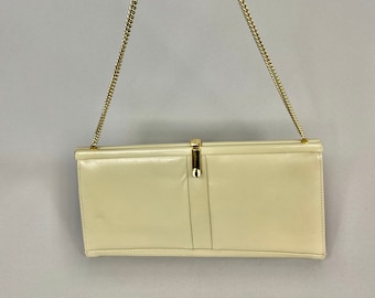 White Leather Handbag with Golden Metallic Chain | Vintage Cream Bag