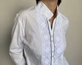 Vintage White Blouse with Front Lace Details | Women White Cotton Shirt Size L