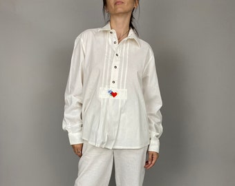 Vintage White Cotton Blouse Size M - L | White Blouse with Embroidery Detail WAP126