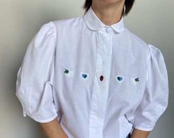 Vintage White Cotton Blouse for Women Size M - L | Colourful Hearts Embroidered Blouse with Puffed Sleeves