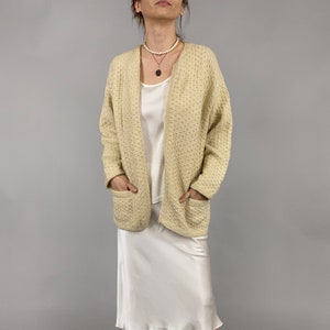 Hand Knitted Cardigan for Women Size L Cream White Wool Cardigan with Pockets image 1