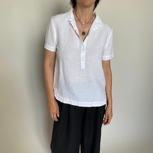 Vintage White Linen Short Sleeve Blouse Size XS | Minimalist White Linen Top for Summer