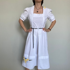 Vintage White Dress Women Size S, Short Sleeve, Square Neckline, Midi, Fit and Flare Cut, Feminine Summer Dress