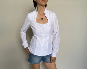 Vintage White Cotton Blouse for Women Size S | White Elegant Shirt with High Neck, fitted cut