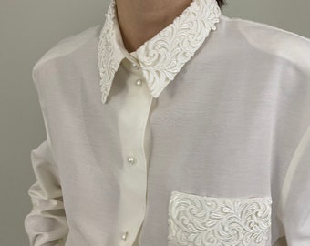 Vintage White Blouse for Women Size M - L | White Embroidered Button Up