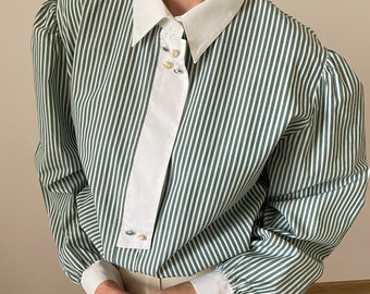 Vintage white blouse with green stripes | Striped cotton button up for women size L