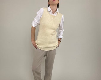 Vintage White Wool Hand Knitted Sweater Vest size S - M | Cream White Sweater Vest with Square Neck