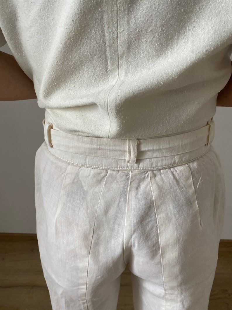Vintage White Linen Pants for Women Size S White Linen Pants with High Waist and back slit WAP181 image 10