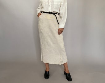 Vintage off white linen skirt for women size S | Mid calf linen skirt with pockets - WAP168