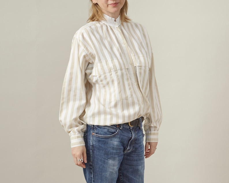 Vintage White Blouse for Women Size S M White Blouse from the 80's with Wide Beige Stripes and Tab White Collar image 3