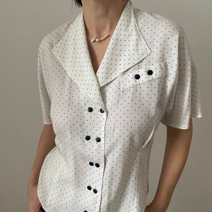 Vintage Polka Dots Blouse for Women Size S-M Vintage Short Sleeve Polka Dots Blouse White Blouse with Black Dots image 8