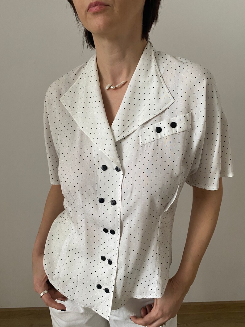 Vintage Polka Dots Blouse for Women Size S-M Vintage Short Sleeve Polka Dots Blouse White Blouse with Black Dots image 8