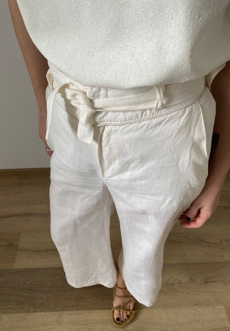 Vintage White Linen Pants for Women Size S White Linen Pants with High Waist and back slit WAP181 image 7