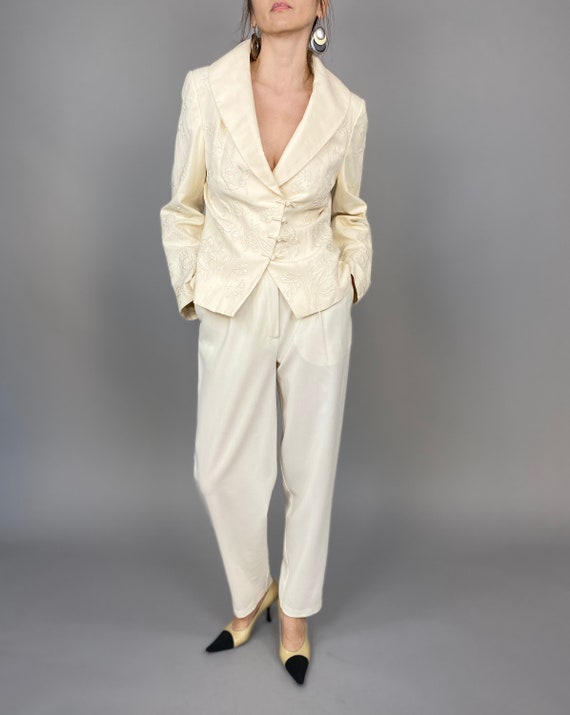 Vintage White Silk Blazer for Women Size M | White Embroidered Summer Blazer - WAP37