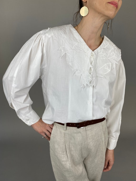 Beautiful Ruffle Blouse with Embroidery Anglaise and Pearl Buttons