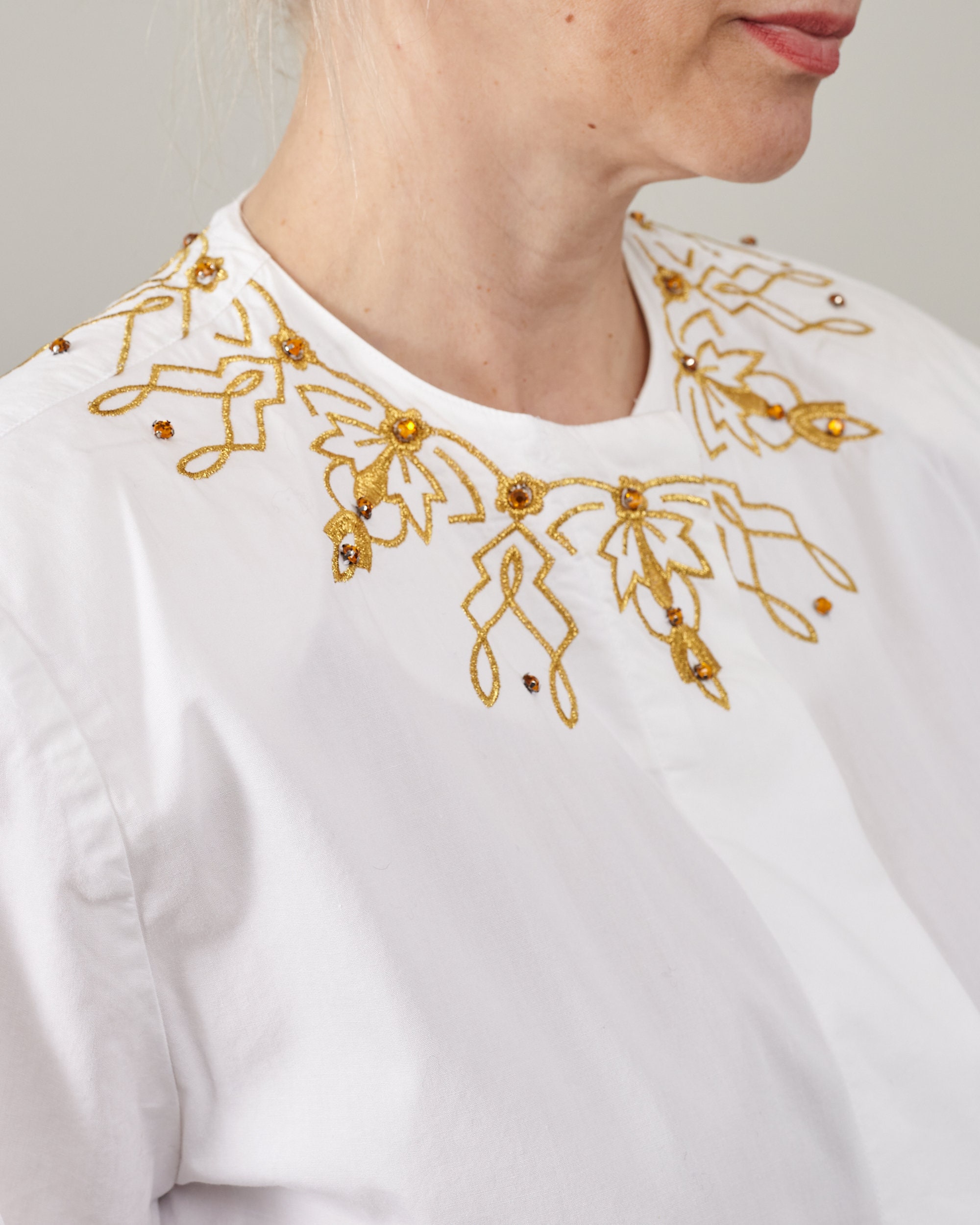 Vintage White Cotton Blouse: Golden Embroidery Details, Size S-M 