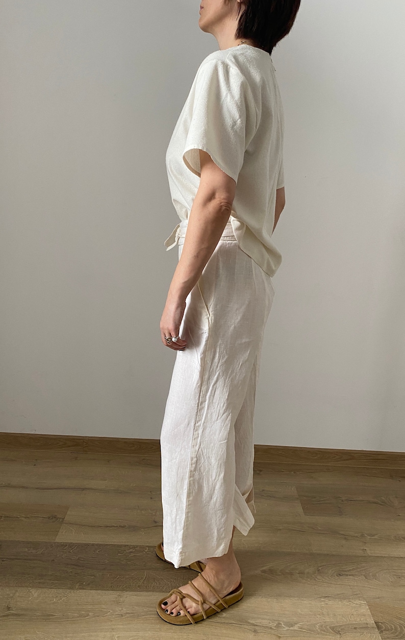 Vintage White Linen Pants for Women Size S White Linen Pants with High Waist and back slit WAP181 image 3
