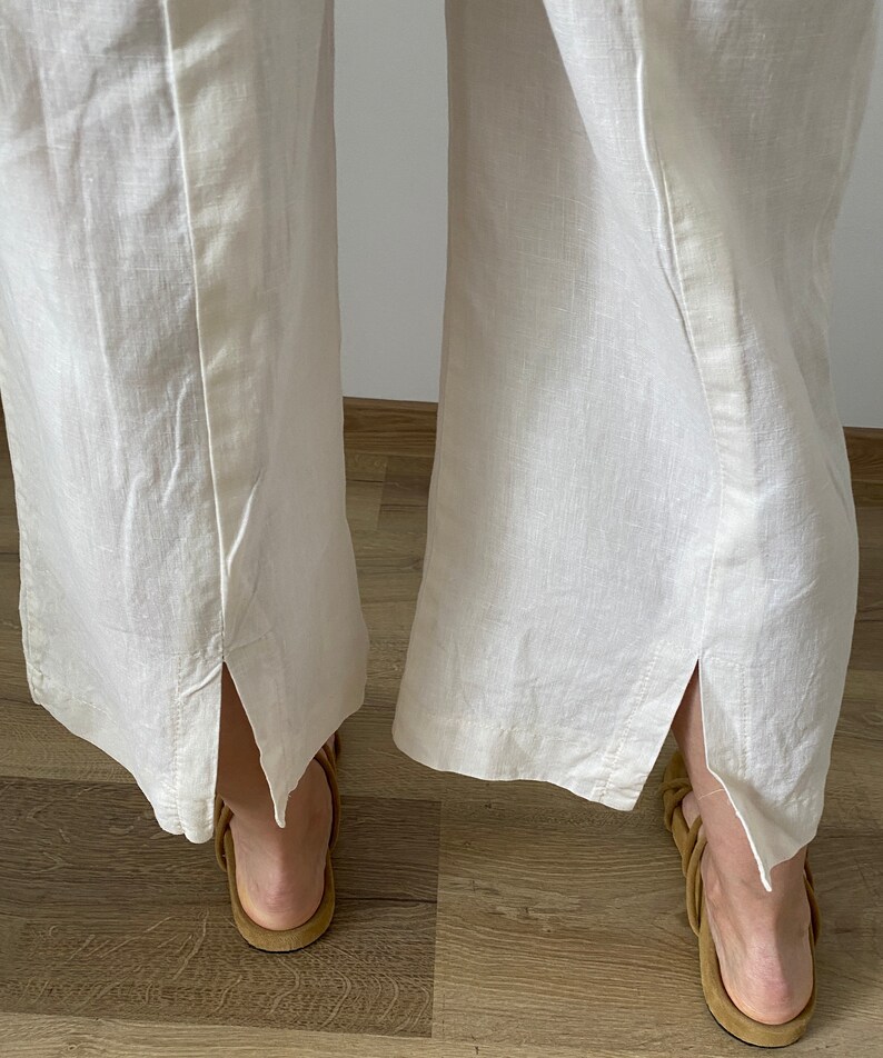 Vintage White Linen Pants for Women Size S White Linen Pants with High Waist and back slit WAP181 image 9