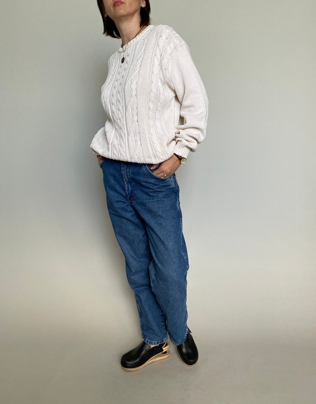 Vintage White Cotton Crew Neck Sweater off White Cable Knit - Etsy