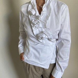 Vintage White Wrap Blouse with Front Ruffles and Fabric Flowers Embellishments White Cotton Blouse for Women Size M image 9