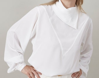 Vintage White Blouse with Unique Design Collar for Women Size M | Formal Occasions Pullover Top