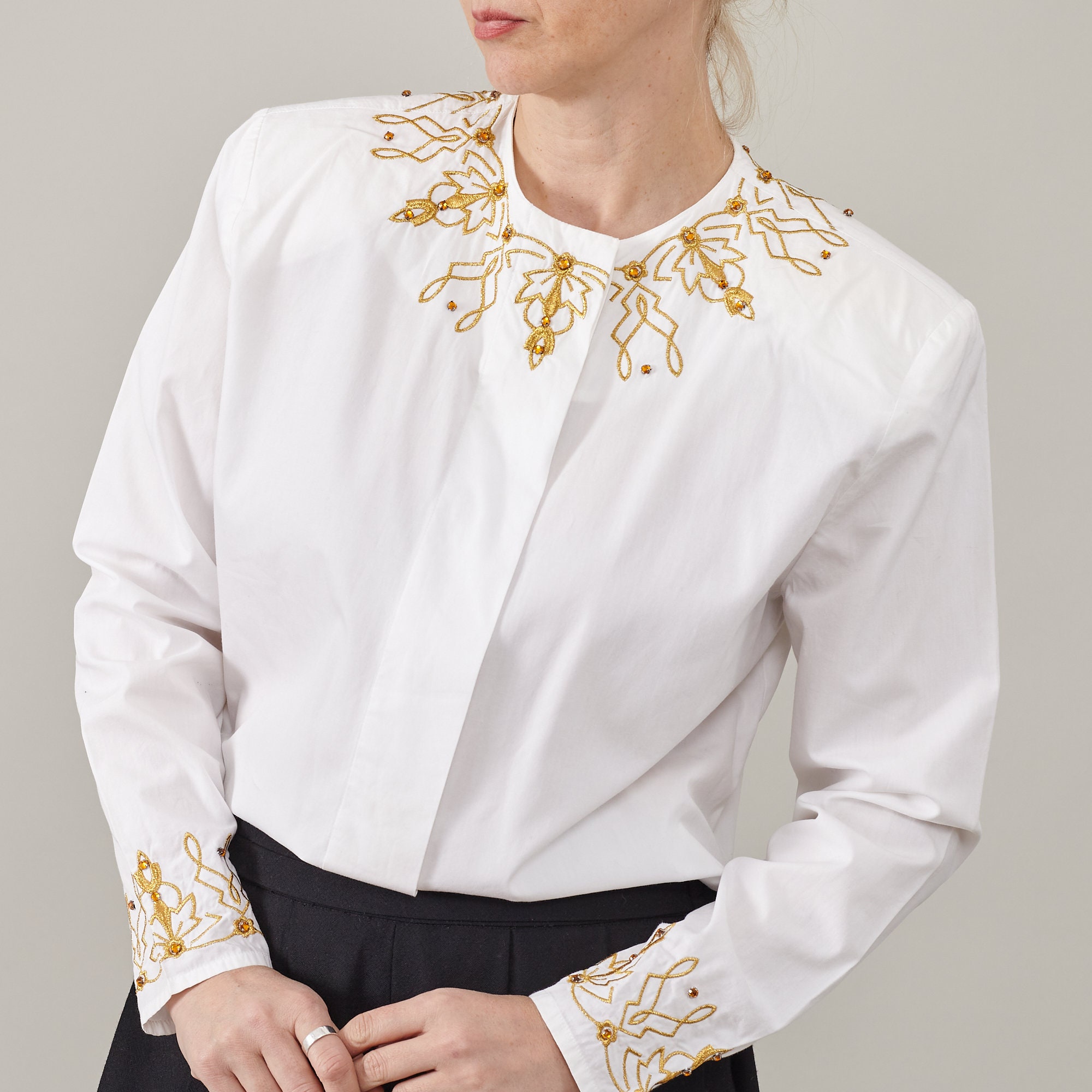 Vintage White Cotton Blouse: Golden Embroidery Details, Size S-M 