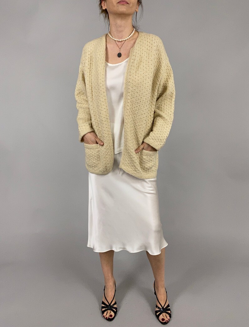 Hand Knitted Cardigan for Women Size L Cream White Wool Cardigan with Pockets image 1