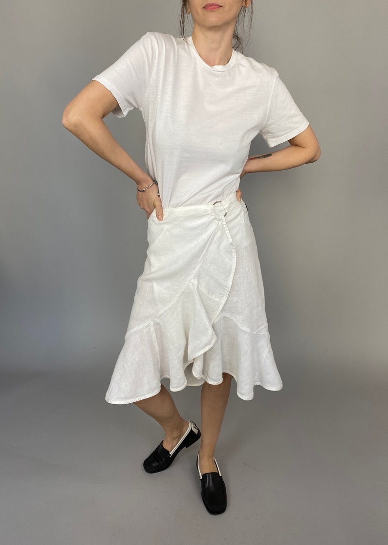 White Linen Skirt for Women Size M Wrap Linen Skirt Summer Skirt WAP33 画像 4