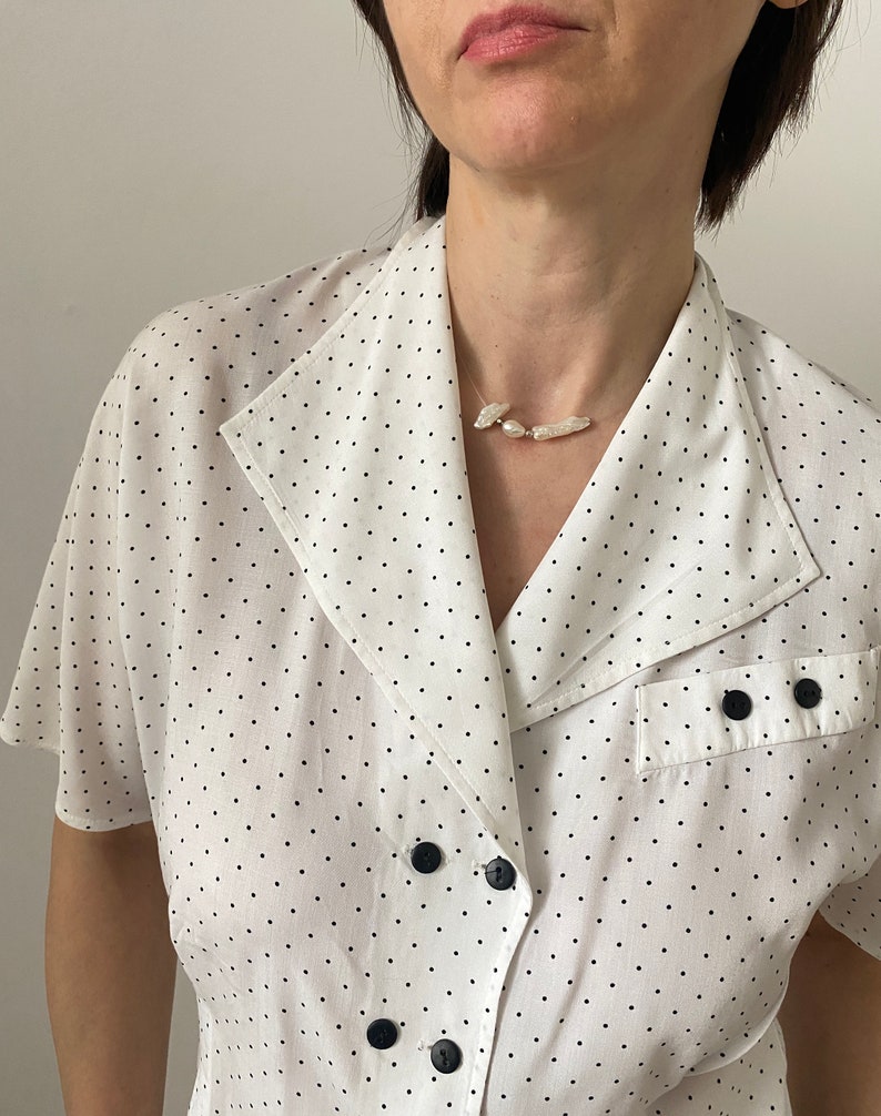 Vintage Polka Dots Blouse for Women Size S-M Vintage Short Sleeve Polka Dots Blouse White Blouse with Black Dots image 10