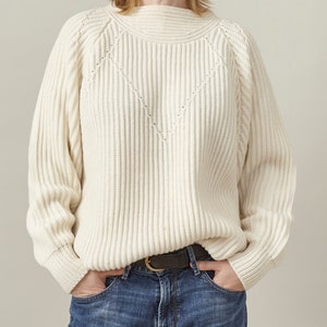 Vintage White Ribbed Sweater for Women Size L Chunky Warm Pullover Sweater in Ivory White image 2