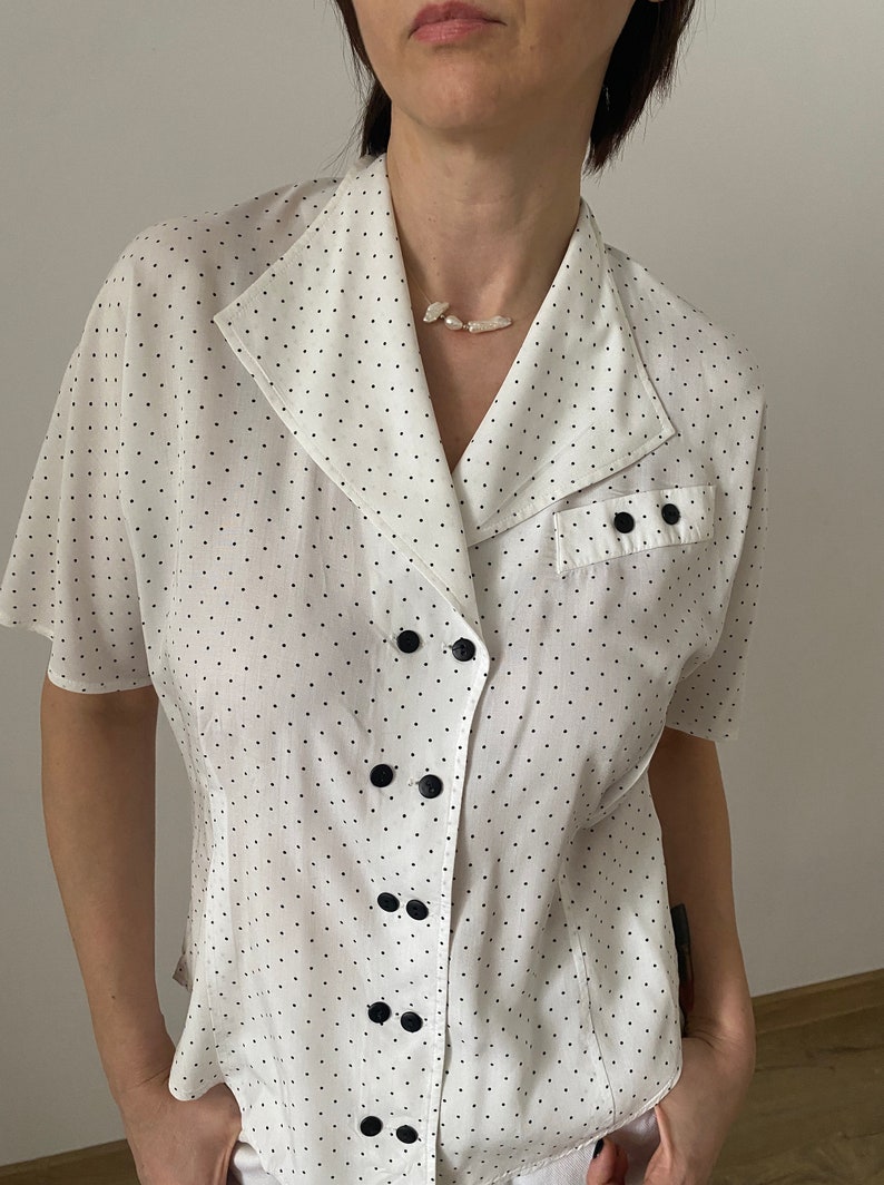 Vintage Polka Dots Blouse for Women Size S-M Vintage Short Sleeve Polka Dots Blouse White Blouse with Black Dots image 9