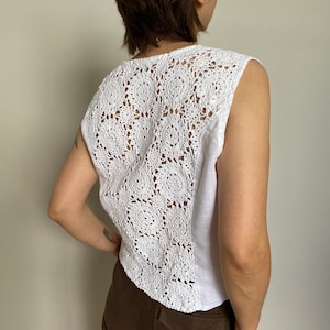 Vintage White Linen Blouse with Lace Back | Women White Blouse Size L