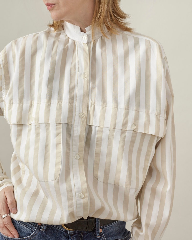 Vintage White Blouse for Women Size S M White Blouse from the 80's with Wide Beige Stripes and Tab White Collar image 1