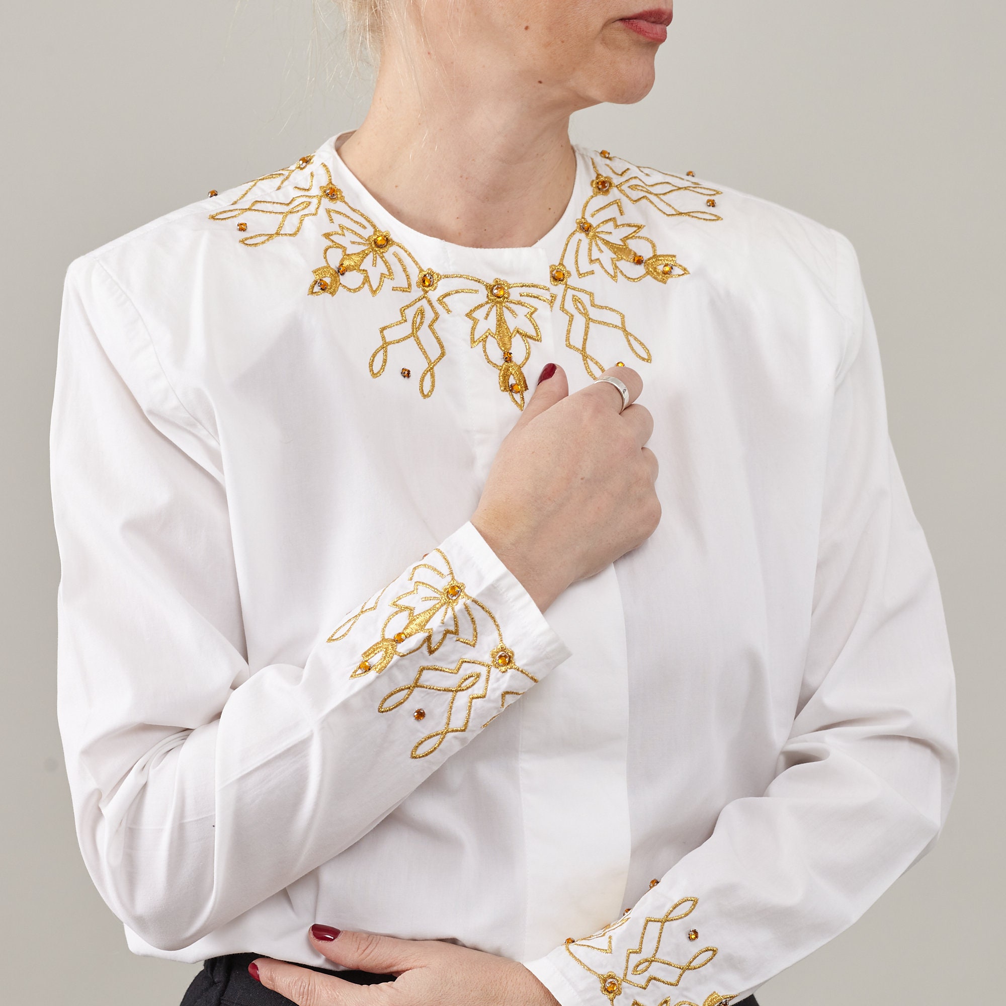 Vintage White Cotton Blouse: Golden Embroidery Details, Size S-M 