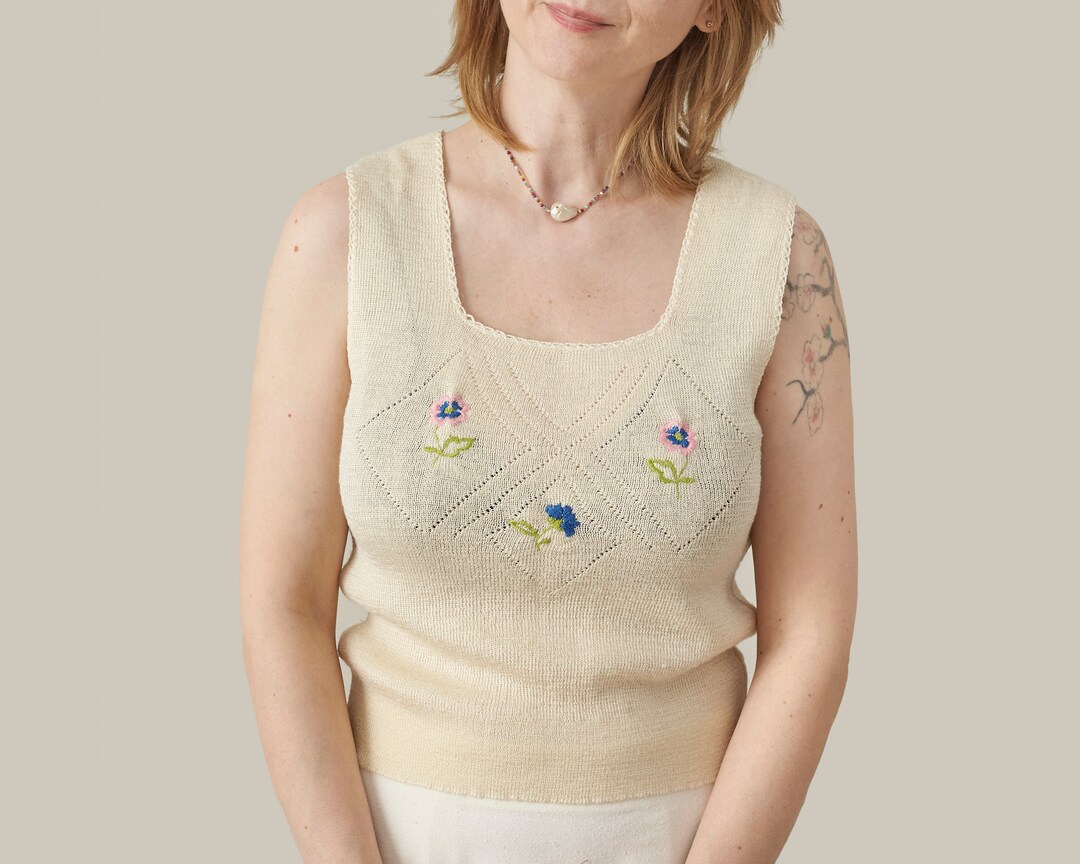 Vintage White Knit Tank Top With Floral Embroidery | Cream