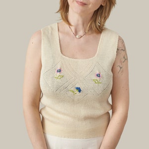 Vintage White Knit Tank Top with Floral Embroidery | Cream White Knit Tank Top for Women Size XS - S, with Square Neckline