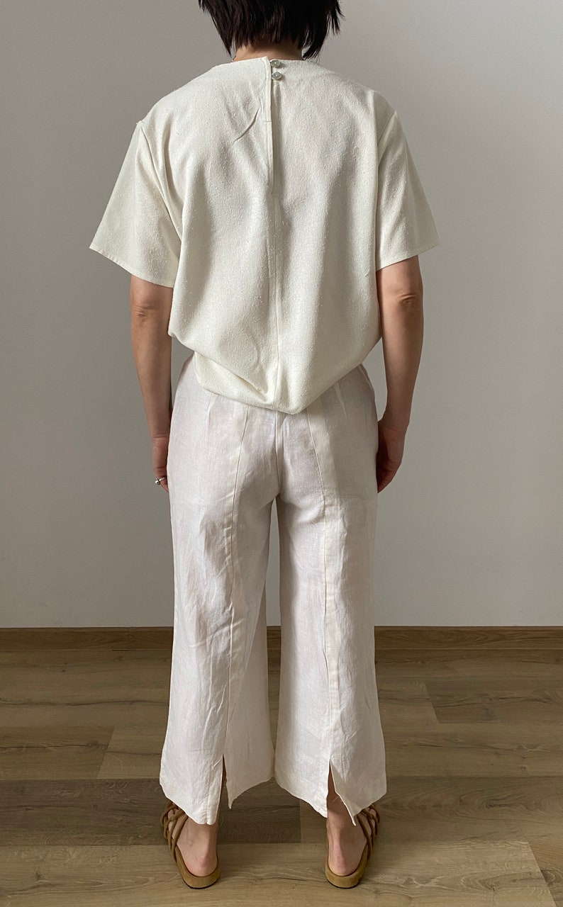Vintage White Linen Pants for Women Size S White Linen Pants with High Waist and back slit WAP181 image 4