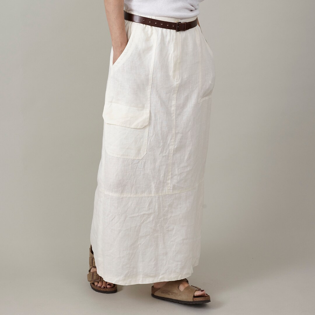 Vintage White Linen Maxi Skirt for Women Size S Cargo Long Straight ...