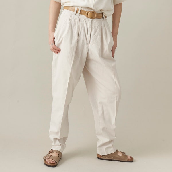 Vintage White Pants for Women Waist 30" | Off White High Waisted Pleated Pants for Summer with Tapered Cut, Pockets, Belt Loops