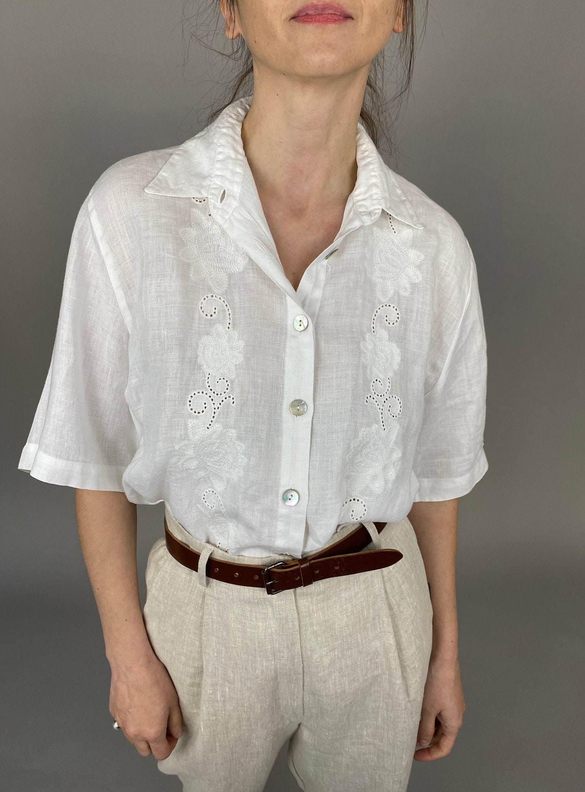 White Linen Blouse for Women Size M White Summer Blouse Etsy