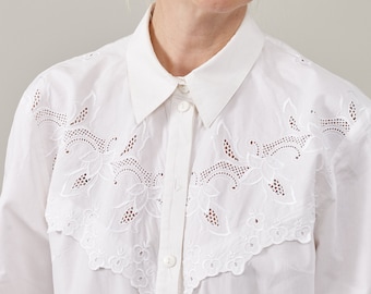 White Embroidered Blouse for Women Size M - L | White Cotton Shirt with Intricate Embroidery Details