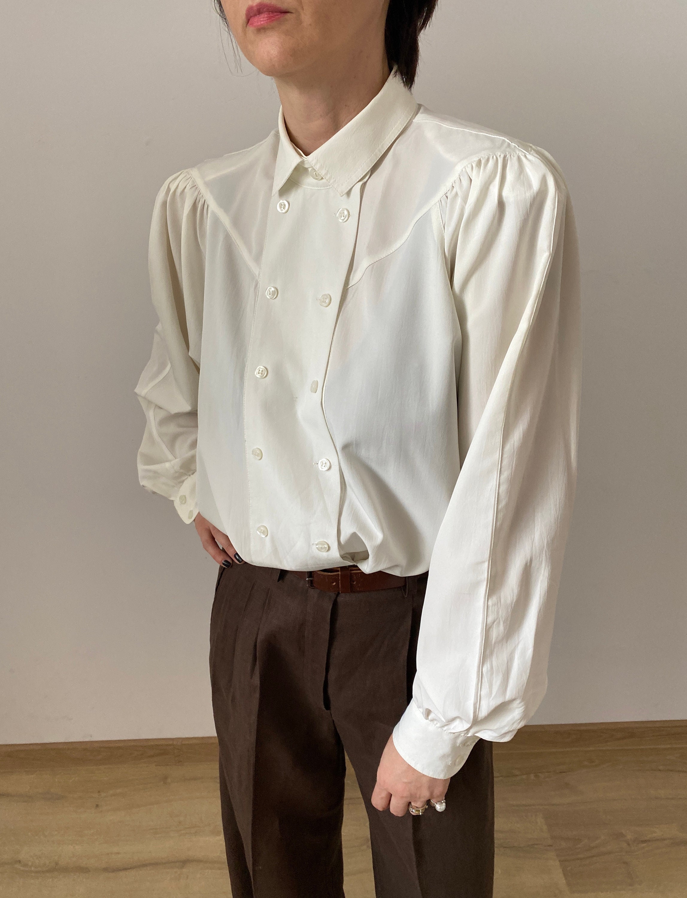 Vintage White Blouse for Women Size M | Double Breasted