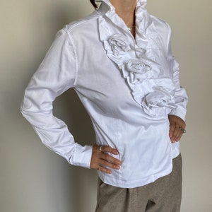 Vintage White Wrap Blouse with Front Ruffles and Fabric Flowers Embellishments White Cotton Blouse for Women Size M image 8