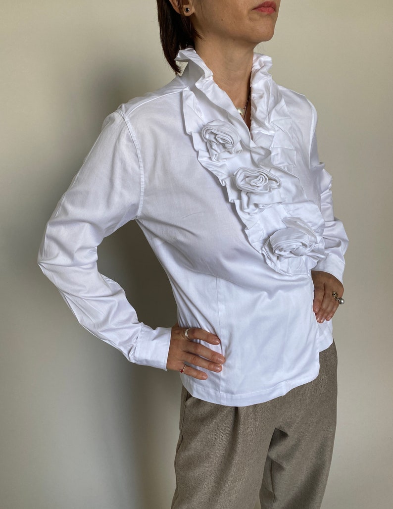 Vintage White Wrap Blouse with Front Ruffles and Fabric Flowers Embellishments White Cotton Blouse for Women Size M image 8