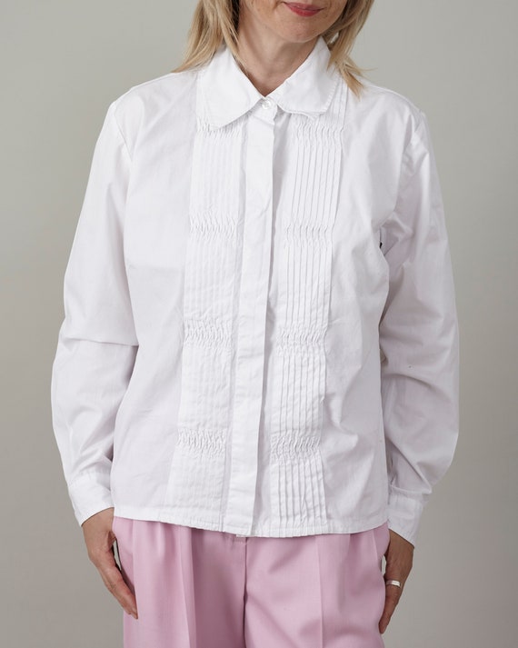 Crisp Cotton White Shirt With Front Pleats Women s Size L Tuxedo style Elegant Blouse With Long Sleeves Etsy