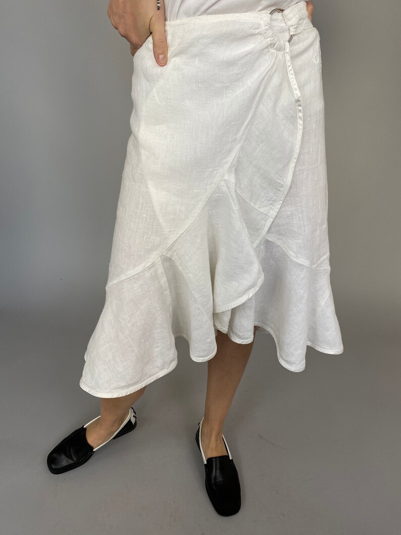 White Linen Skirt for Women Size M Wrap Linen Skirt Summer Skirt WAP33 画像 5