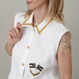 Vintage Nautical Sleeveless Blouse – White Cotton Shirt Size S-M, Gold Trim, Sailor Embroidery, Maritime Preppy Style, Gift for Her