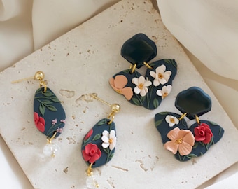 Floral Statement Earrings • Dark Blue Polymer Clay Flowers • Romantic Handmade Dangles