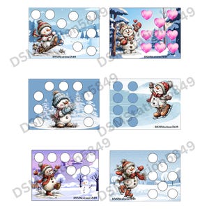 Peut inclure: Ensemble de six cartes sur le thème de l'hiver avec des bonhommes de neige dans diverses poses. Chaque carte a un fond différent, avec des paysages enneigés et des cœurs. Chaque carte a une grille de cercles blancs.